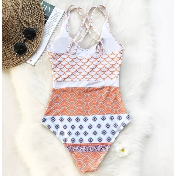Cupshe Medium Orange and blueprint - One piece Bathing Suit M-10 NWT - Picture 2 of 7